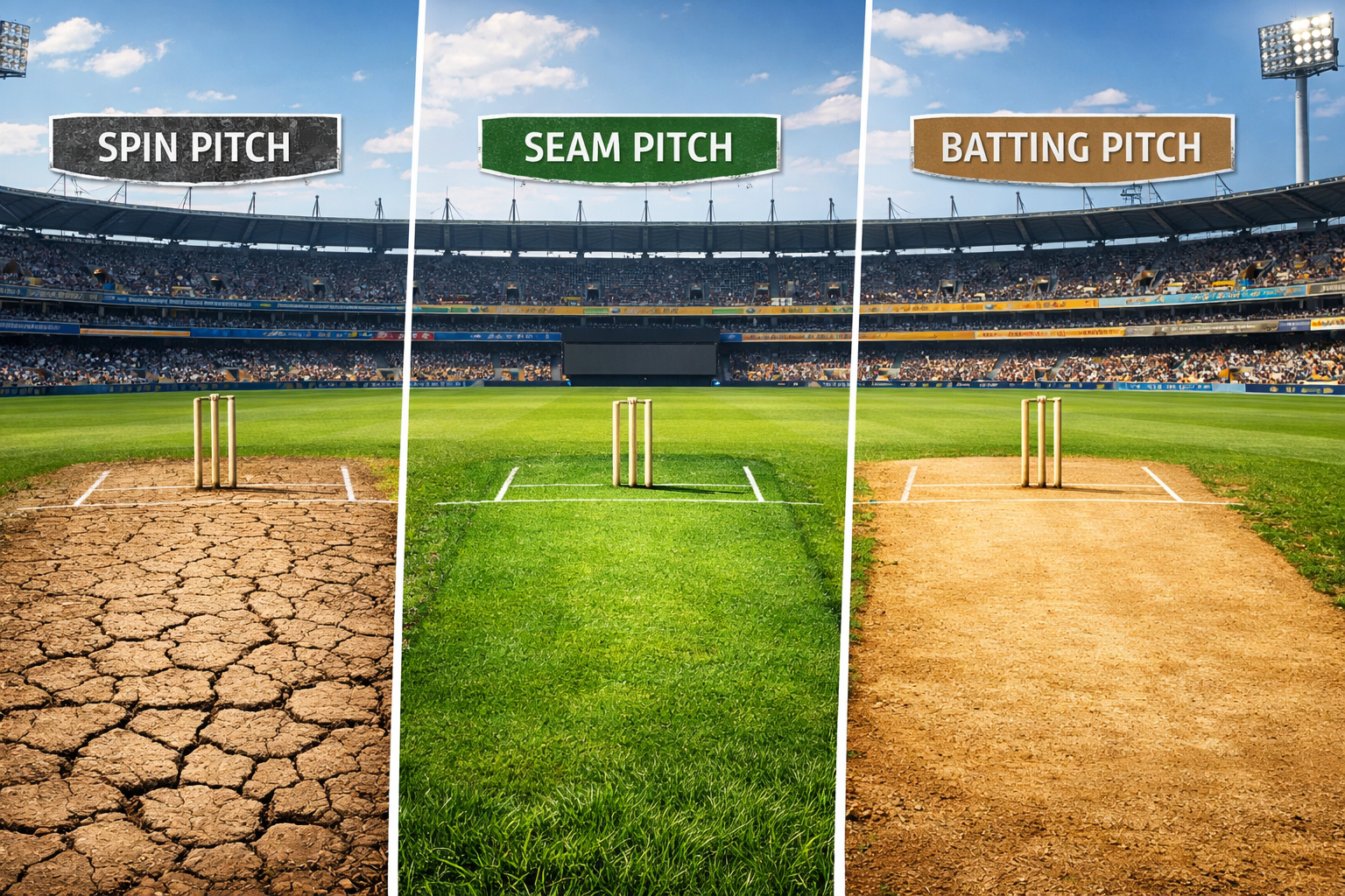 Read more about the article Types of Cricket Pitches Explained: Spin, Green & Flat Pitches